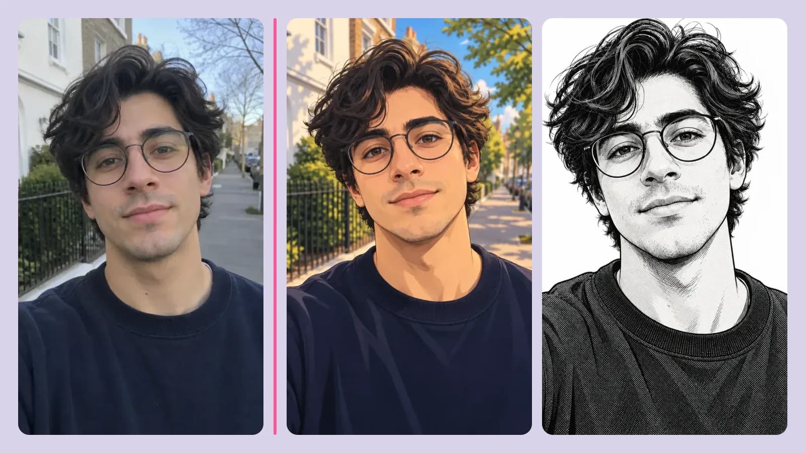 A selfie and the same man as a clean-color anime portrait and a manga drawing