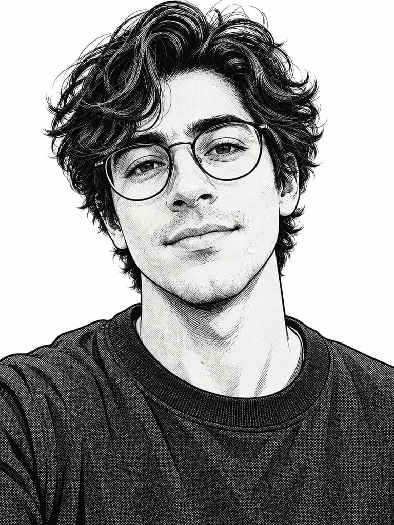 The same man as a black-and-white manga drawing with ink lines and screentone