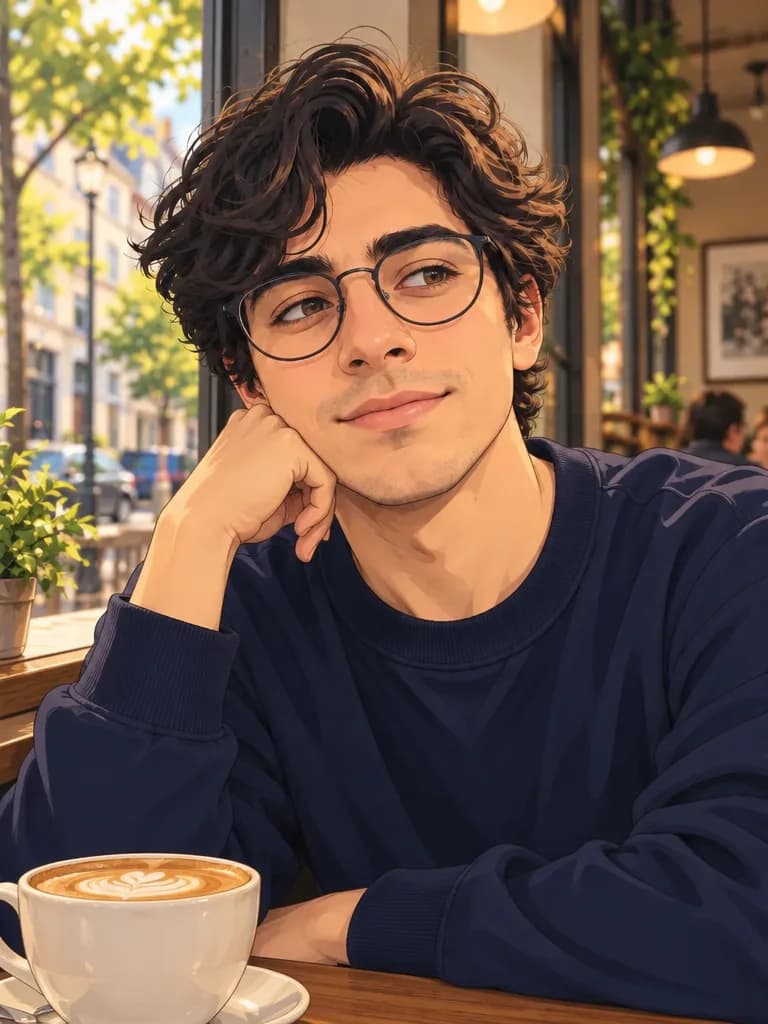 The same anime character at a cafe window table with a cup of coffee, chin resting on his hand