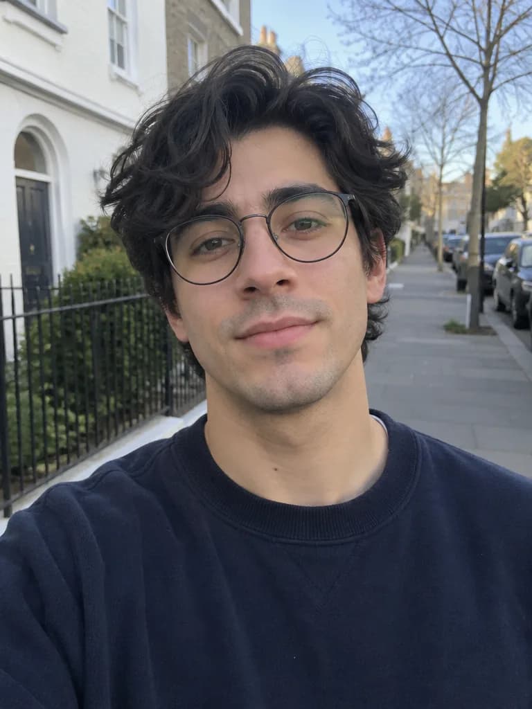 Street selfie of a young man with wavy black hair, round glasses and a navy sweater