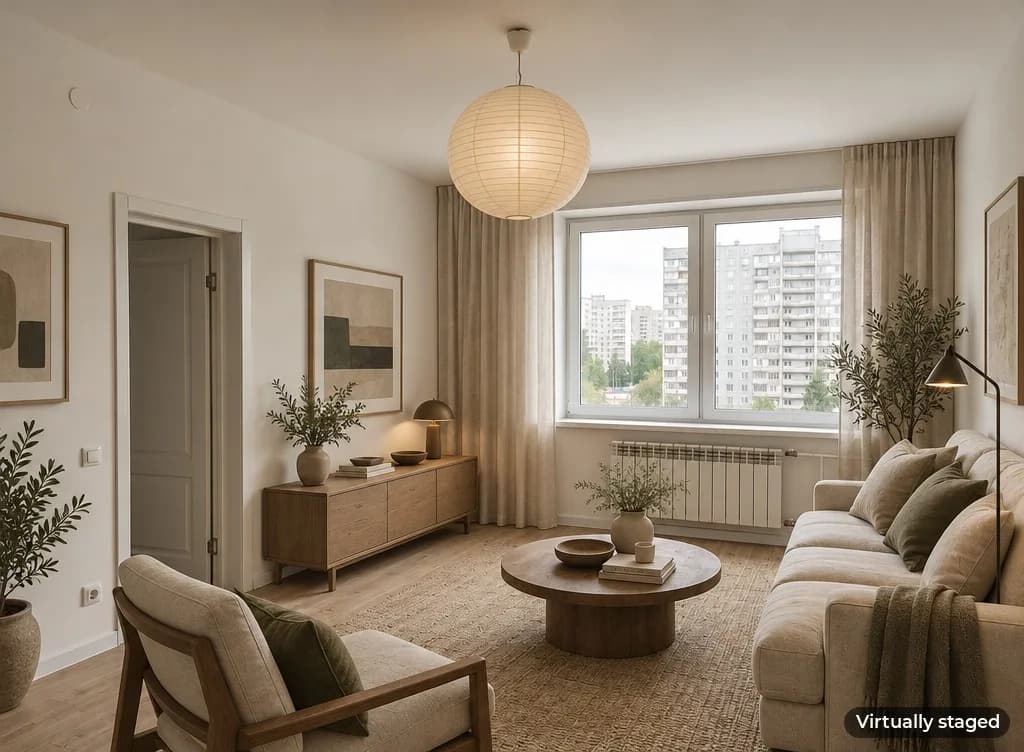 The same room with a beige sofa, an armchair, a round coffee table, plants and a paper pendant lamp, labelled Virtually staged