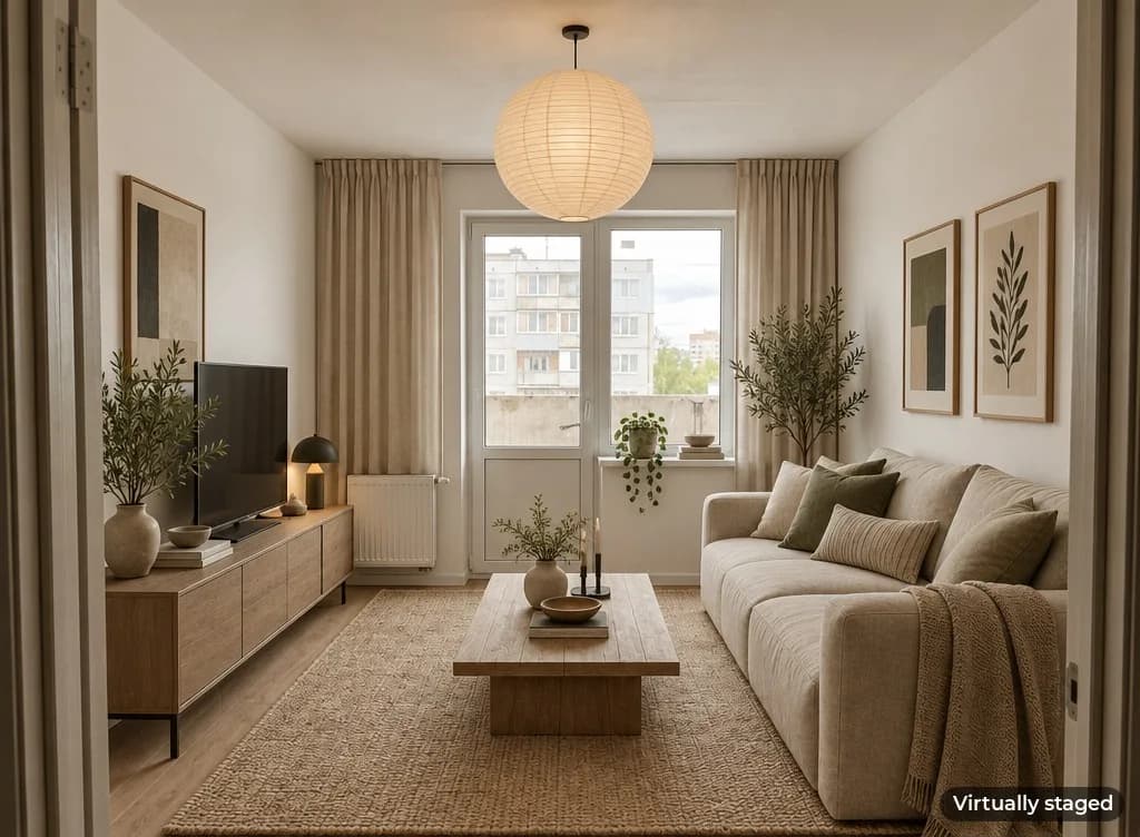 The same room with a sofa, a TV console, a coffee table and framed prints in the same palette, labelled Virtually staged