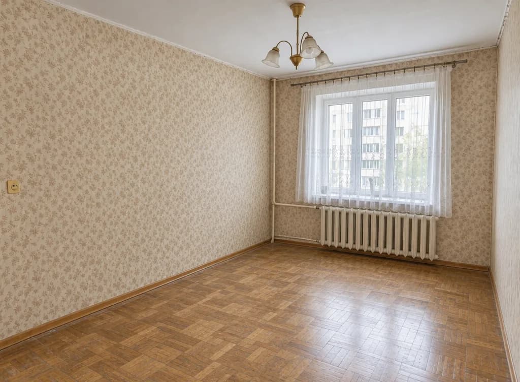 The same room empty: wallpaper, window, radiator and chandelier unchanged