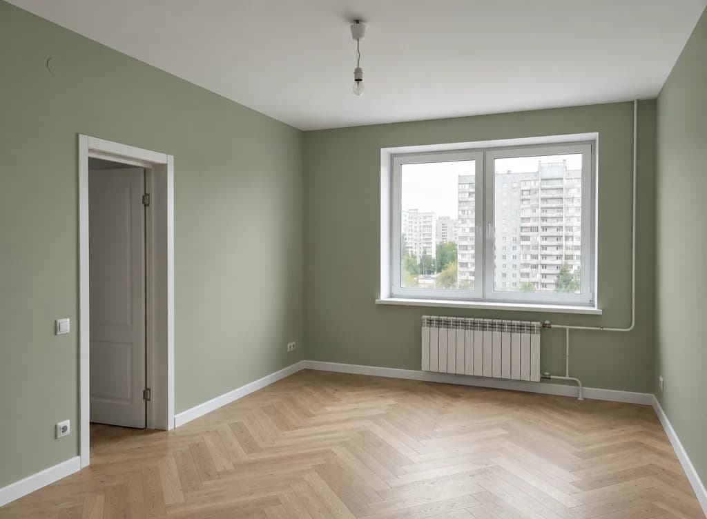The same room with sage green walls and a herringbone oak floor