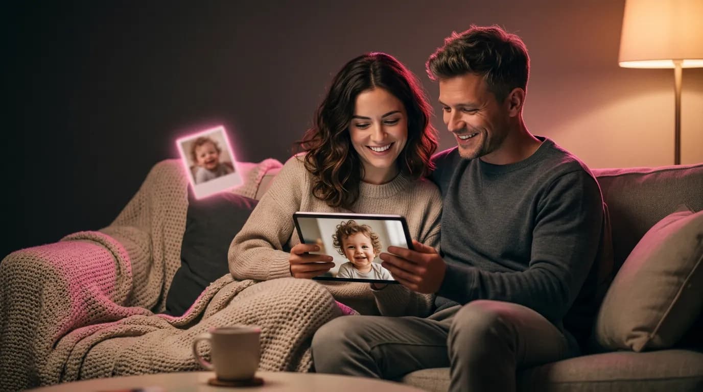 A couple on a sofa looking at a photo of a toddler on a tablet