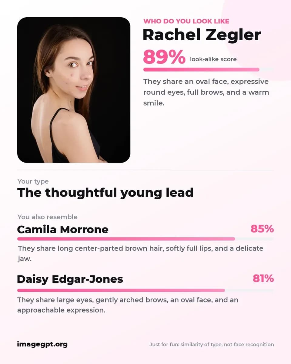 Look-alike card: young woman with long brown hair, Rachel Zegler 89%, Camila Morrone 85%, Daisy Edgar-Jones 81%