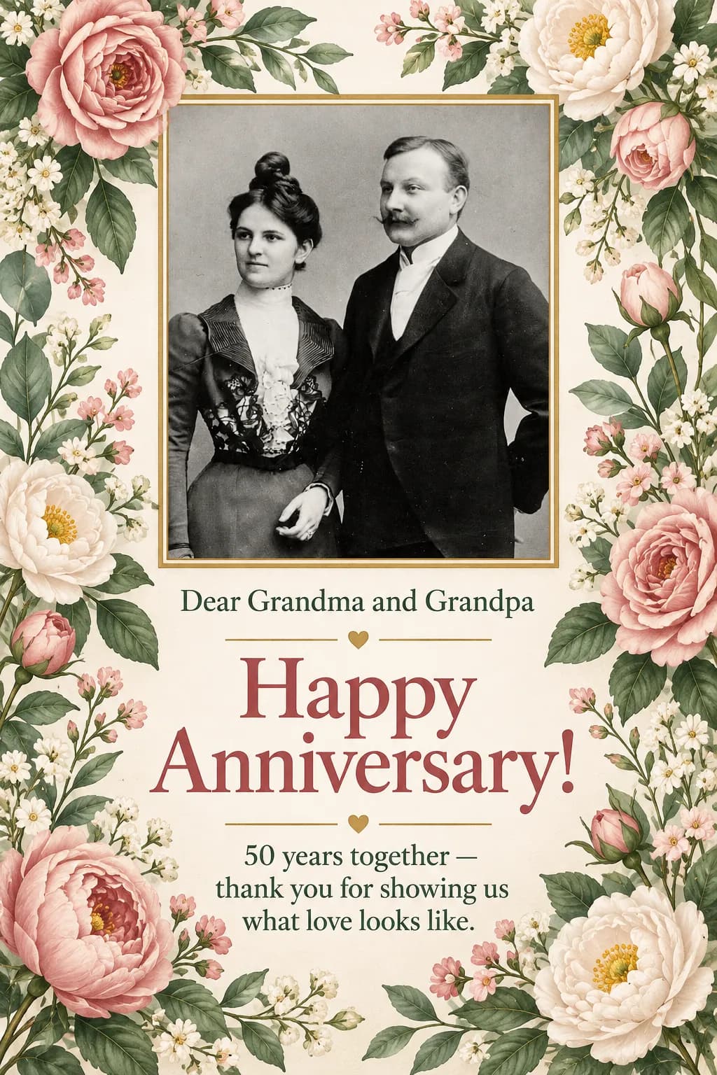 Floral anniversary card with an old black-and-white photo of a couple: “Dear Grandma and Grandpa, Happy Anniversary! 50 years together”