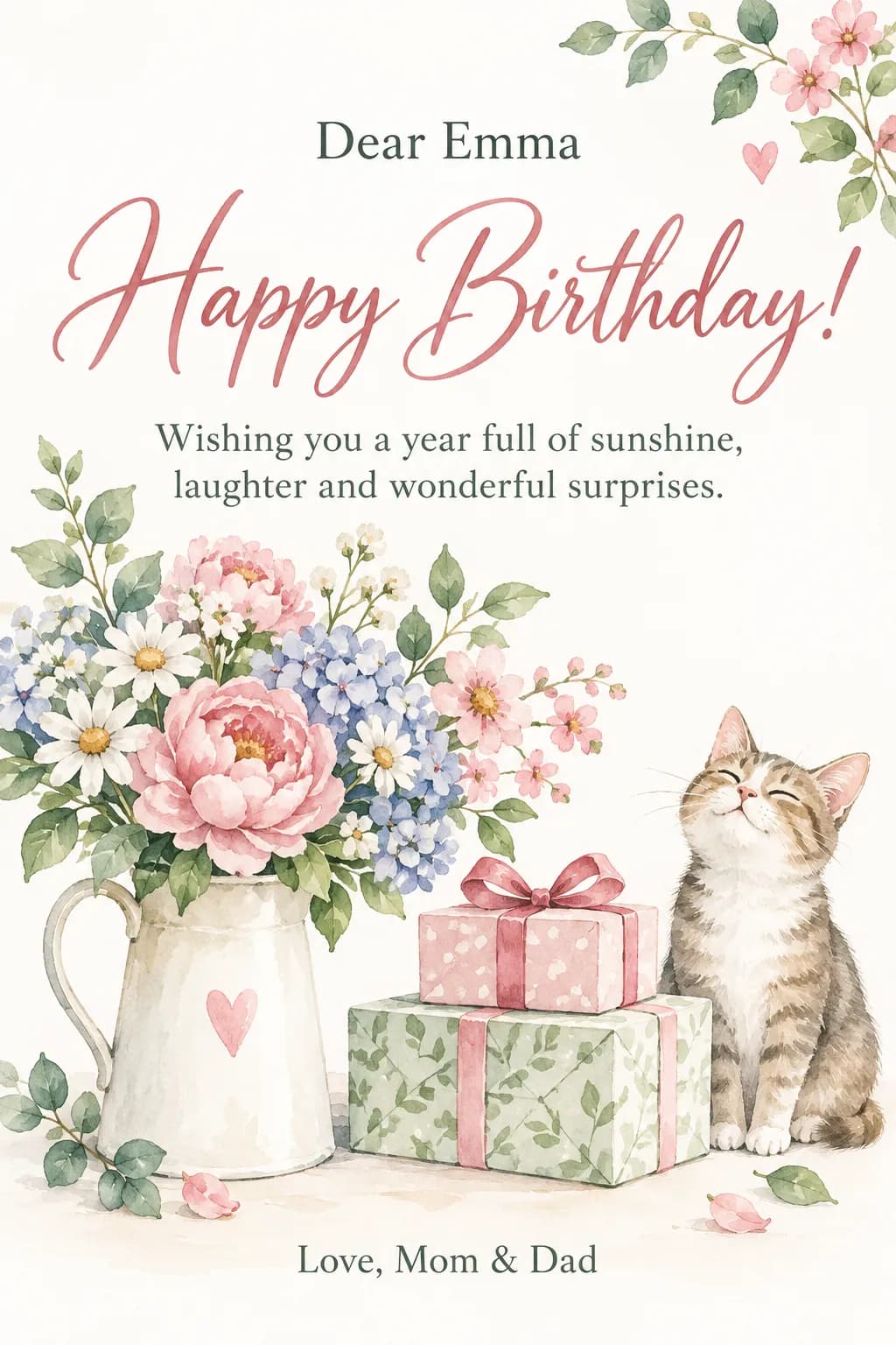 Watercolor birthday card: “Dear Emma, Happy Birthday!” with flowers, gift boxes and a cat, signed “Love, Mom & Dad”