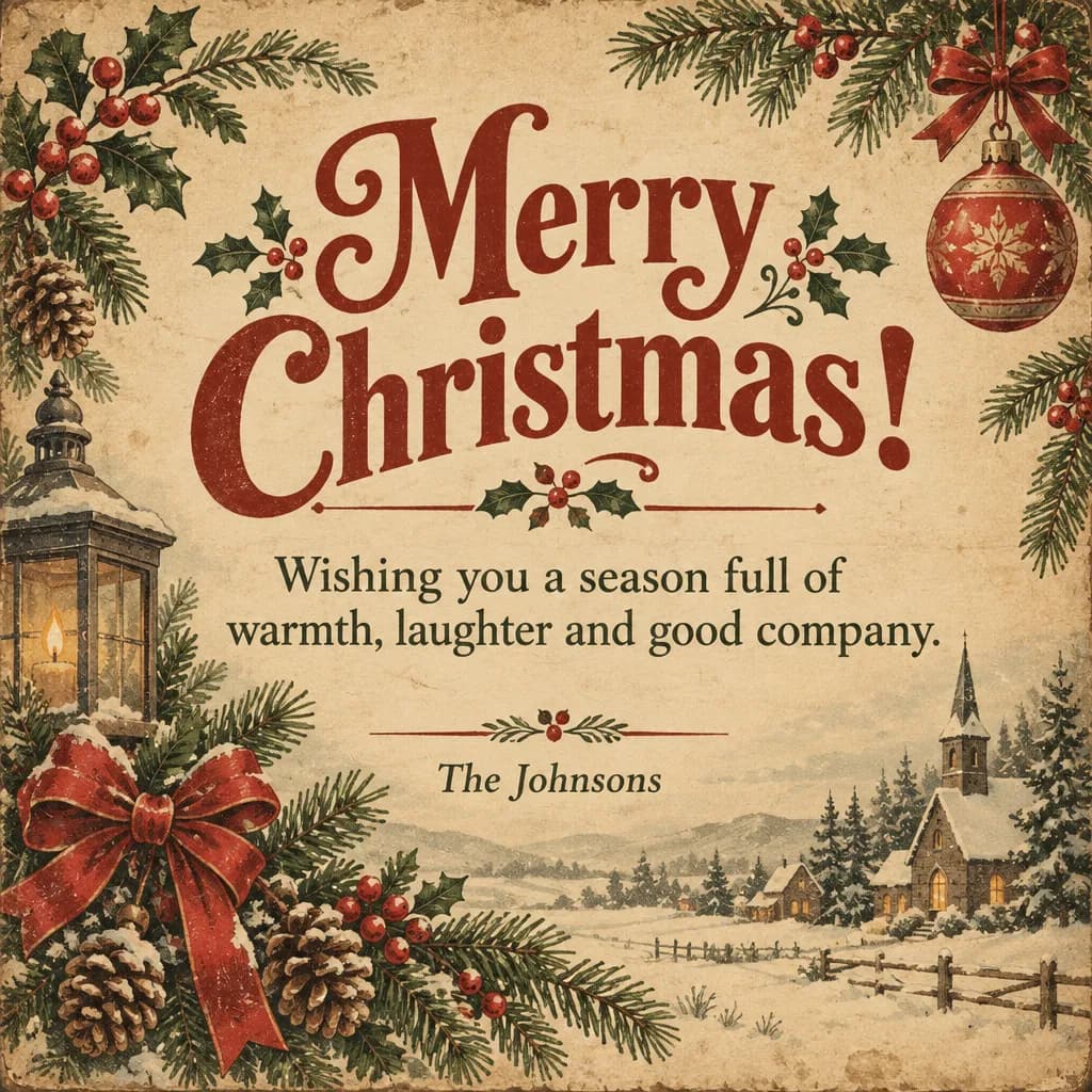 Vintage Christmas card: “Merry Christmas!” with pine branches, a lantern and a snowy village, signed “The Johnsons”