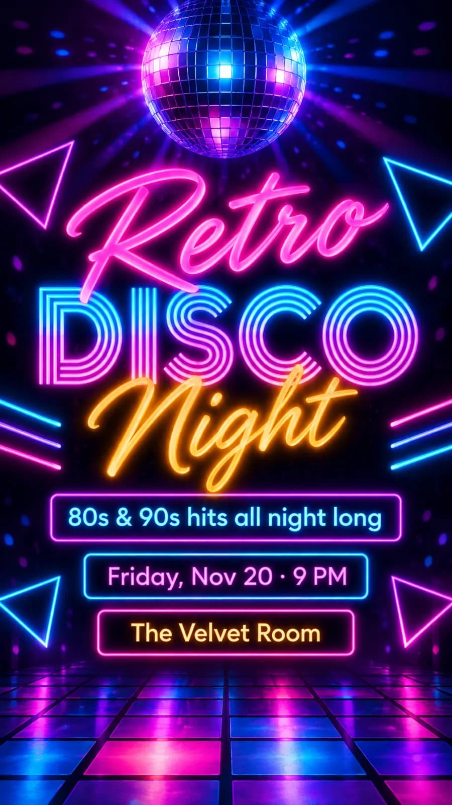 Neon poster “Retro Disco Night”: 80s & 90s hits, Friday, Nov 20, 9 PM, The Velvet Room