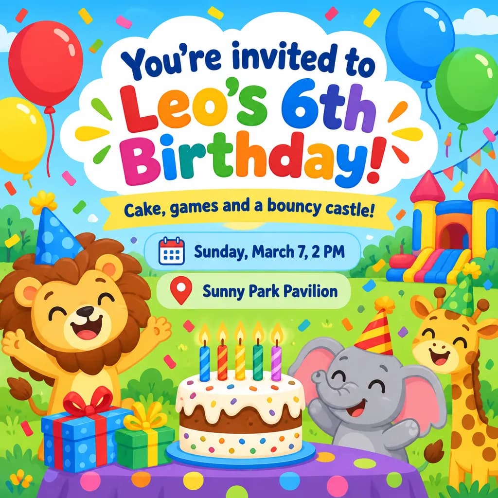 Bright kids' party invitation: “You're invited to Leo's 6th Birthday!”, Sunday, March 7, 2 PM, Sunny Park Pavilion, with cartoon animals and a cake
