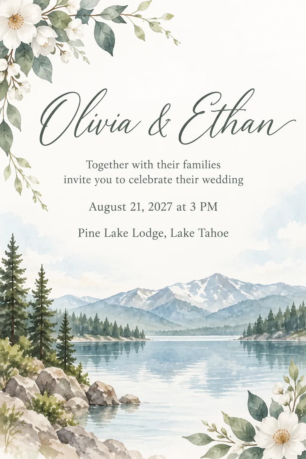 Watercolor wedding invitation: “Olivia & Ethan”, August 21, 2027 at 3 PM, Pine Lake Lodge, Lake Tahoe, with a mountain lake and pines