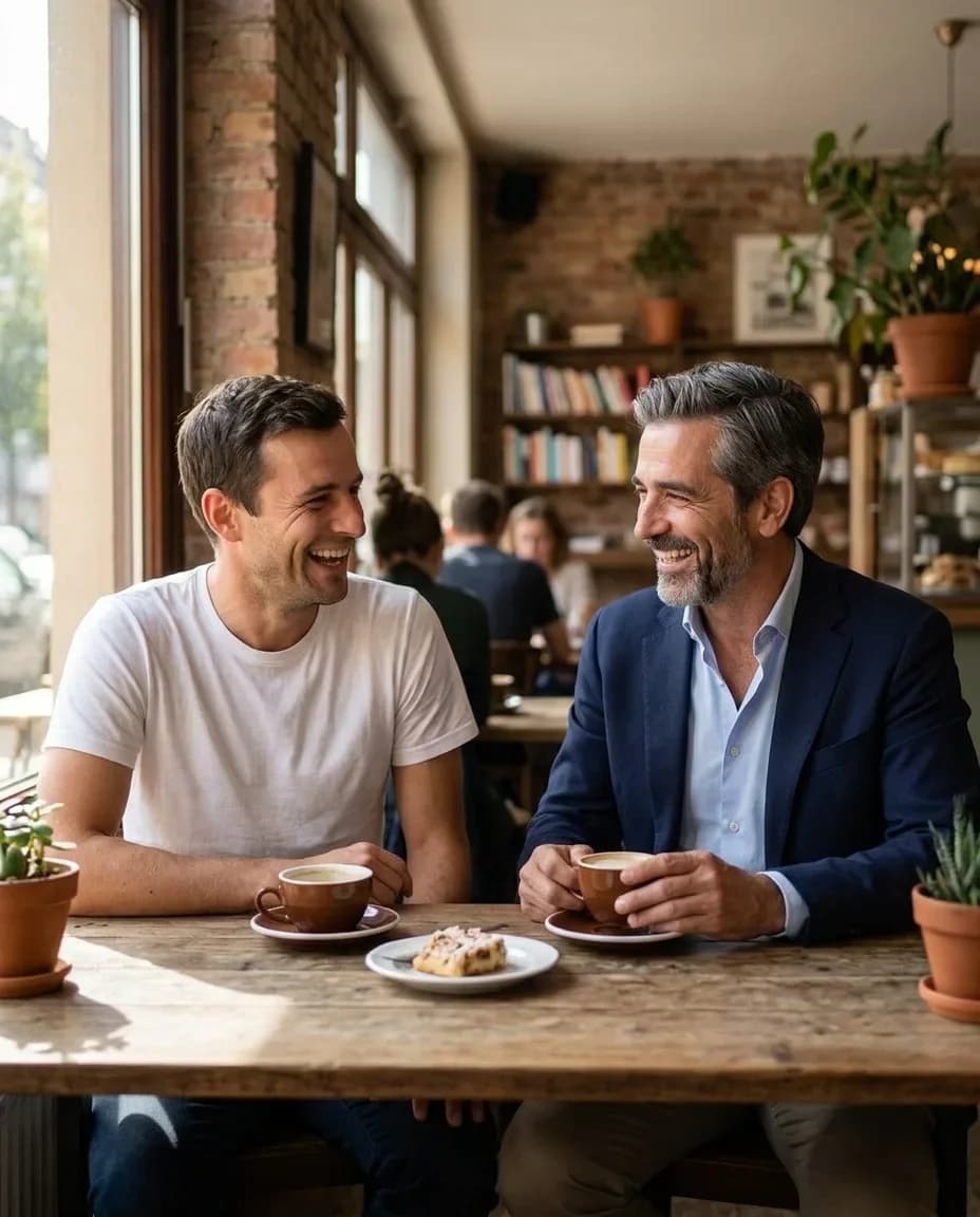 The same two men laughing over cups of coffee at a wooden café table