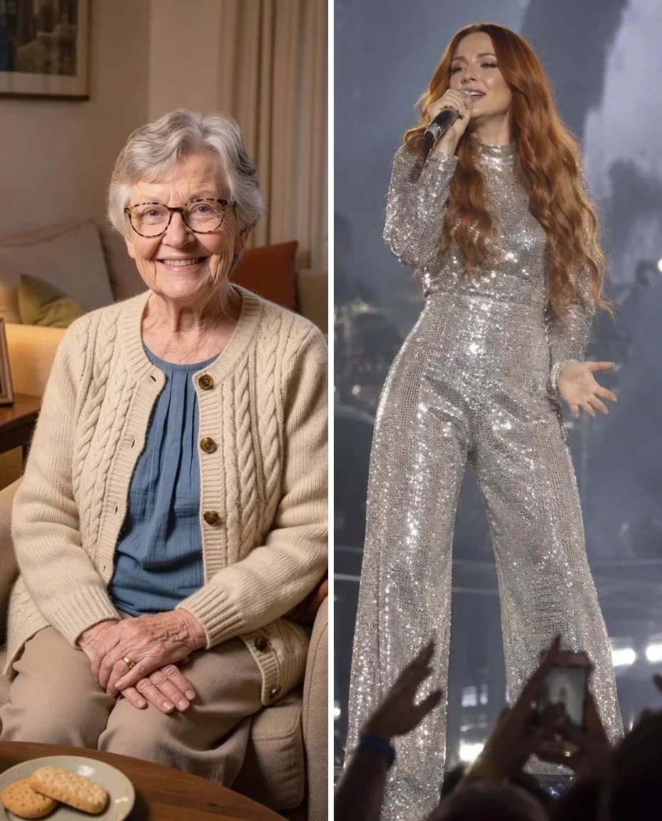 Left, an older woman in glasses and a beige cardigan; right, a red-haired singer in a sequined jumpsuit on stage