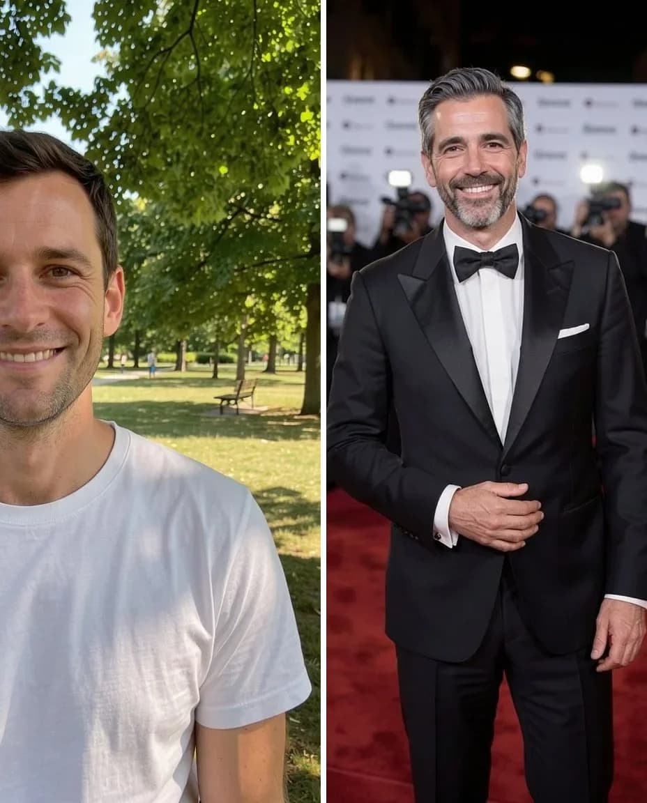 Left, a man in a white T-shirt in a park; right, a greying man in a tuxedo on a red carpet