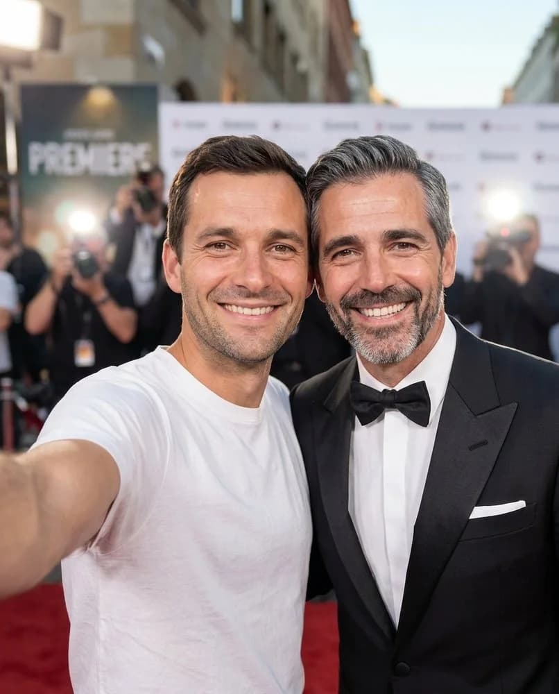 The man in the white T-shirt takes a selfie with the man in the tuxedo in front of a press wall and photographers