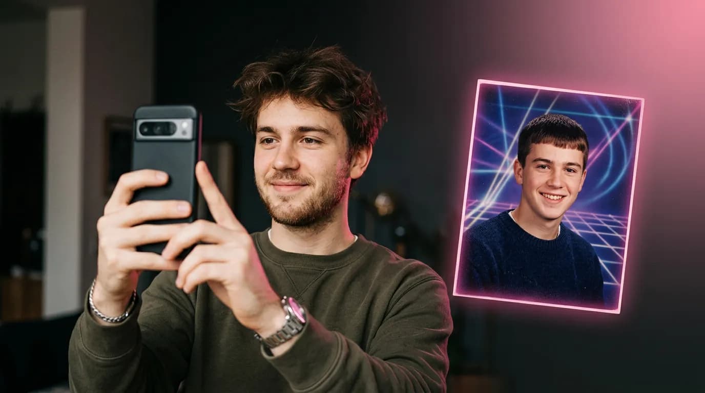 Selfie and 90s AI yearbook portrait