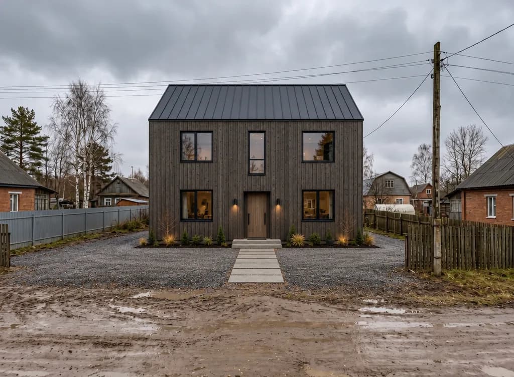 The same house as a modern barnhouse with dark vertical wood cladding
