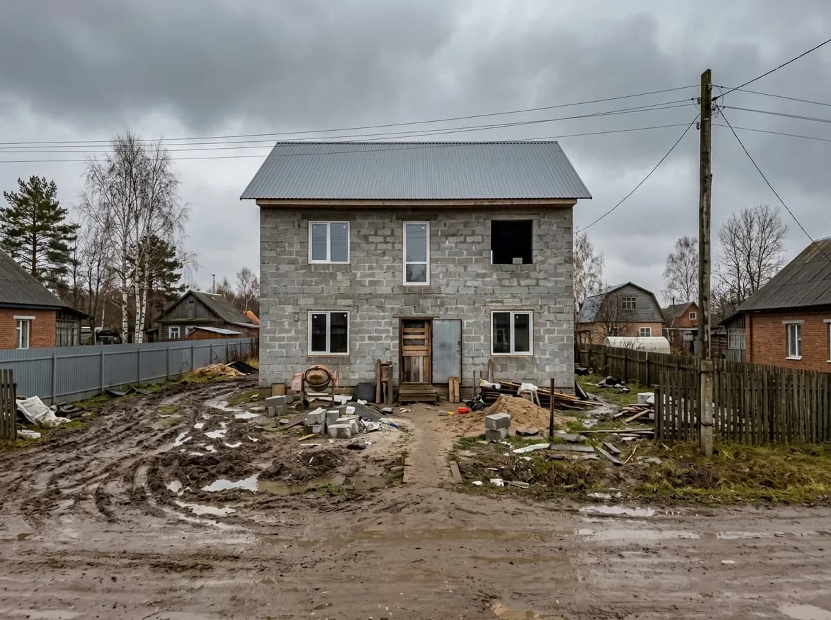 A plain two-storey house with a fence and neighbouring houses