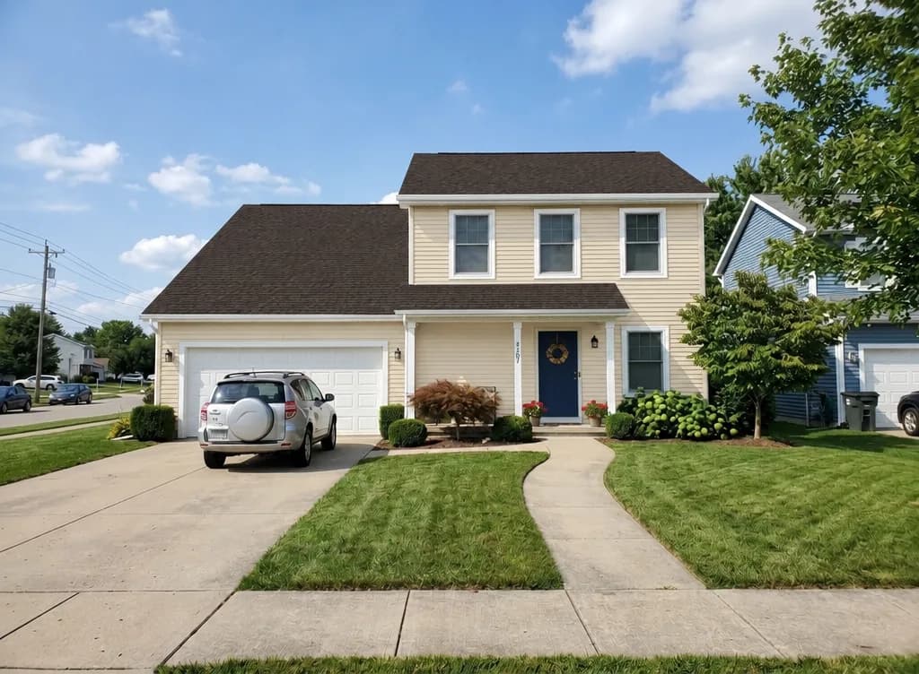 The same house with light ivory siding, a dark brown roof, white trim and a navy door