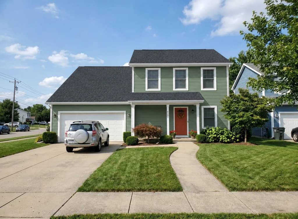 The same house with sage green siding, an anthracite roof and a terracotta front door