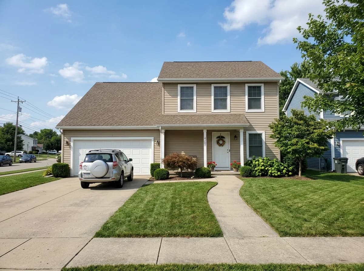 Two-storey house with beige siding, a brown roof and a garage