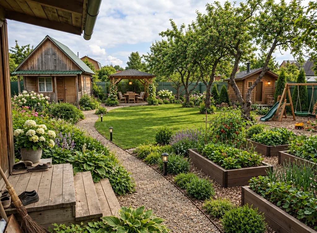 The same yard with a lawn, vegetable beds, a play area and a gazebo