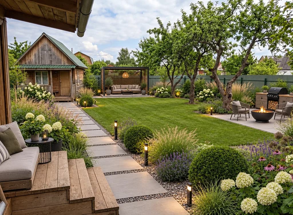 The same yard with a lawn, a stone path, a terrace, a gazebo and flower beds