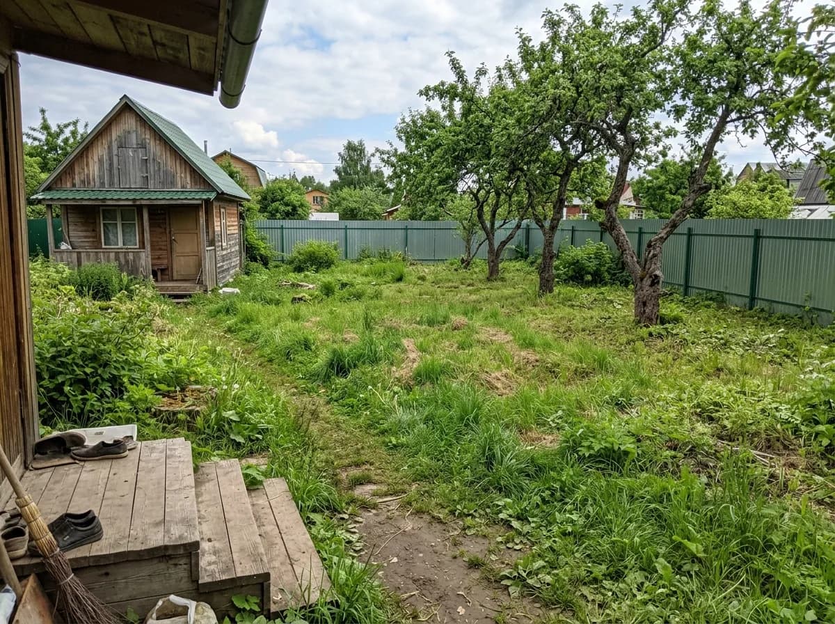 An overgrown yard with apple trees and a wooden shed