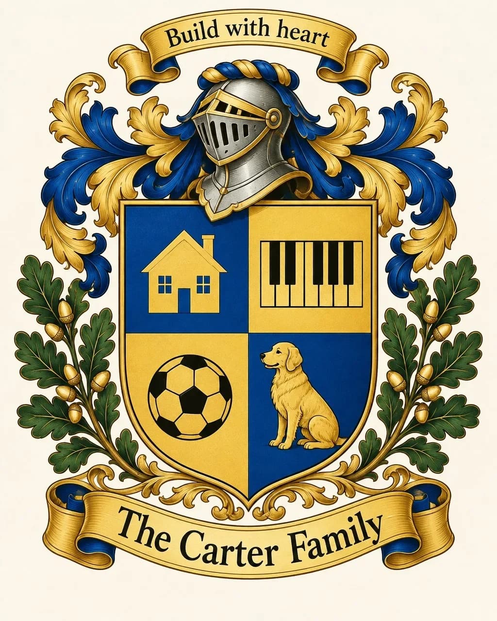 A heraldic crest with a knight's helmet and a blue and gold shield showing a house, piano keys, a soccer ball and a retriever, ribbons "Build with heart" and "The Carter Family"