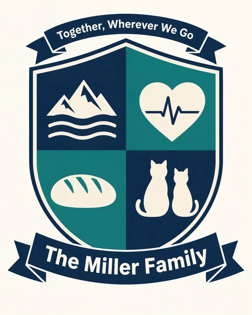 A flat navy and teal badge with mountains over waves, a heart with a heartbeat line, a loaf of bread and two cats, ribbons "Together, Wherever We Go" and "The Miller Family"