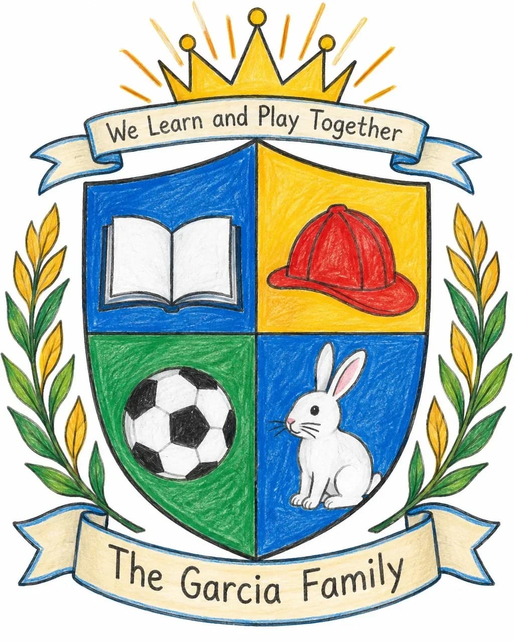 A colored-pencil family crest with an open book, a red firefighter helmet, a soccer ball and a white rabbit, ribbons reading "We Learn and Play Together" and "The Garcia Family"