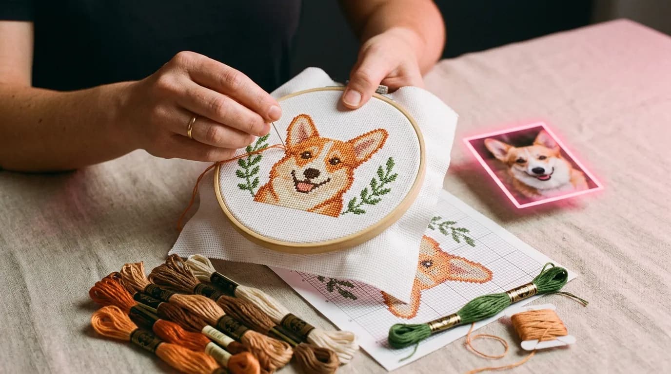 Hands stitching a corgi portrait in an embroidery hoop next to its photo