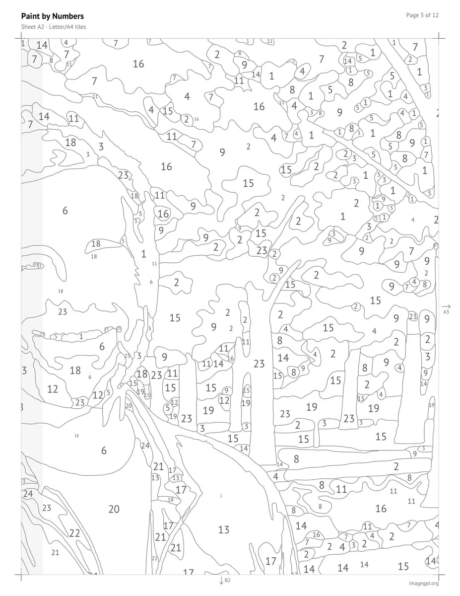One Letter-size tile from the PDF: part of the numbered outline, a grey overlap strip and arrows to the next sheets