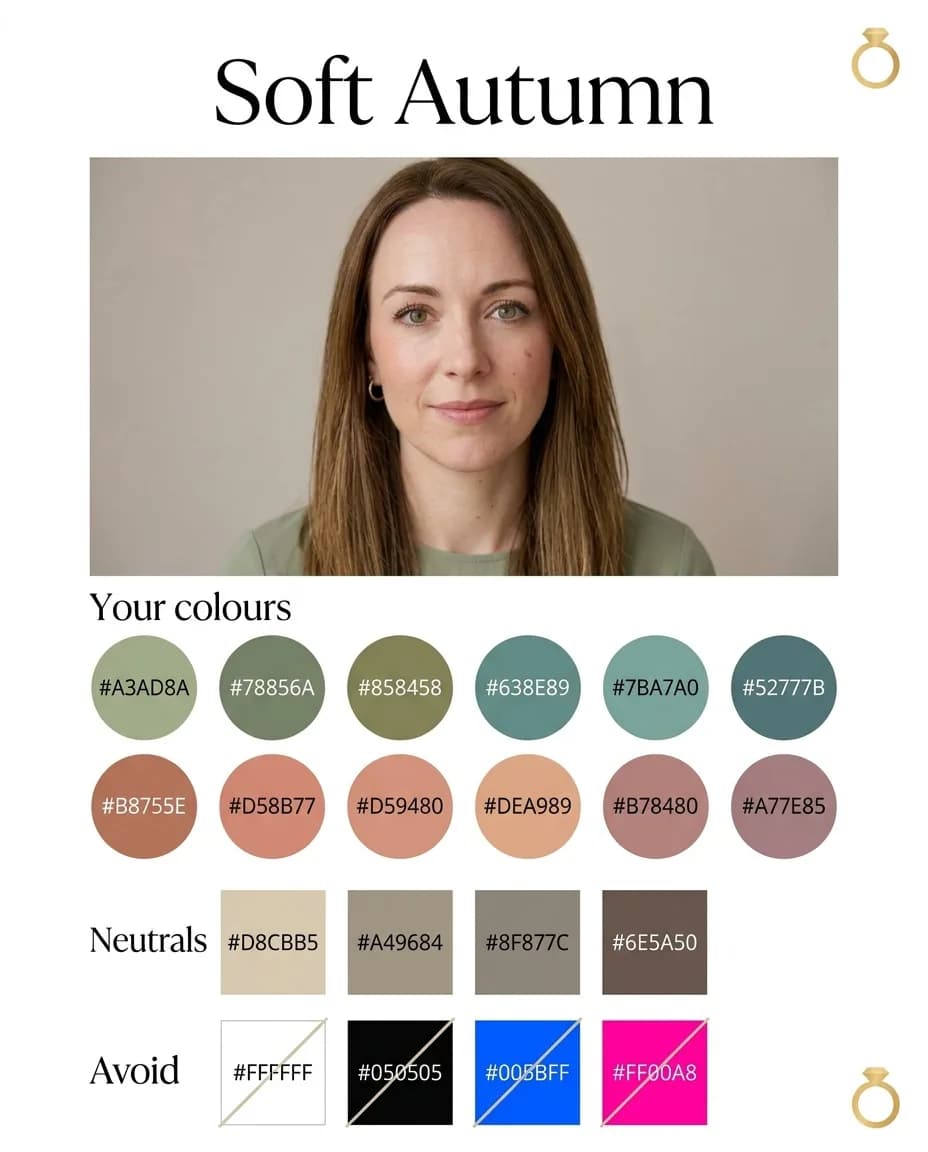 Soft Autumn palette card with the woman's portrait, her colours, neutrals and crossed-out colours to avoid