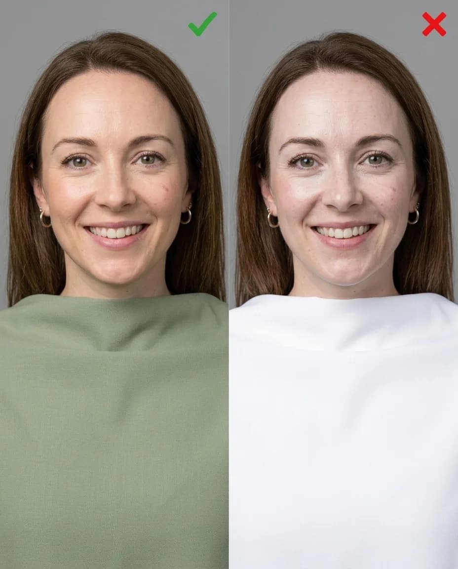 The same woman with a sage green drape on the left and a white drape on the right