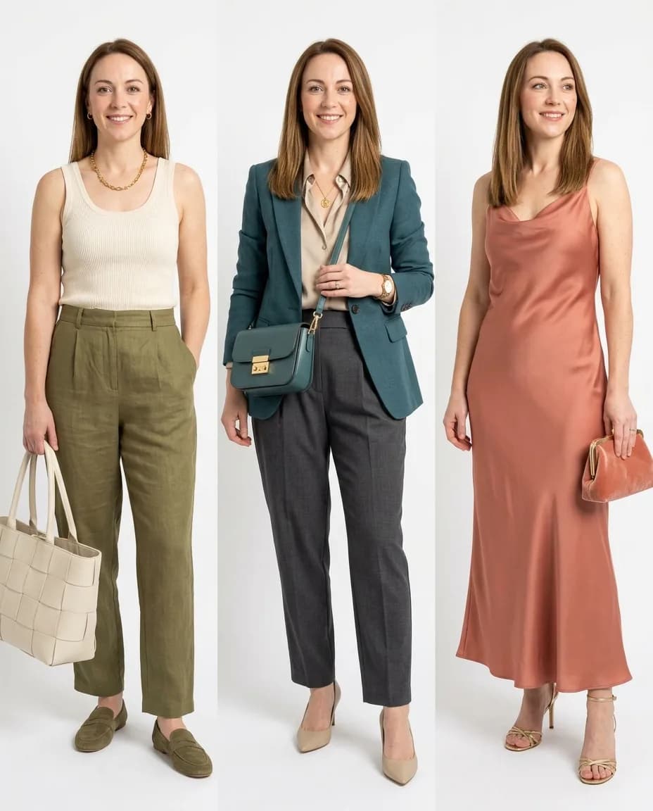Three outfits on the same woman: casual olive trousers, a teal blazer, a terracotta slip dress