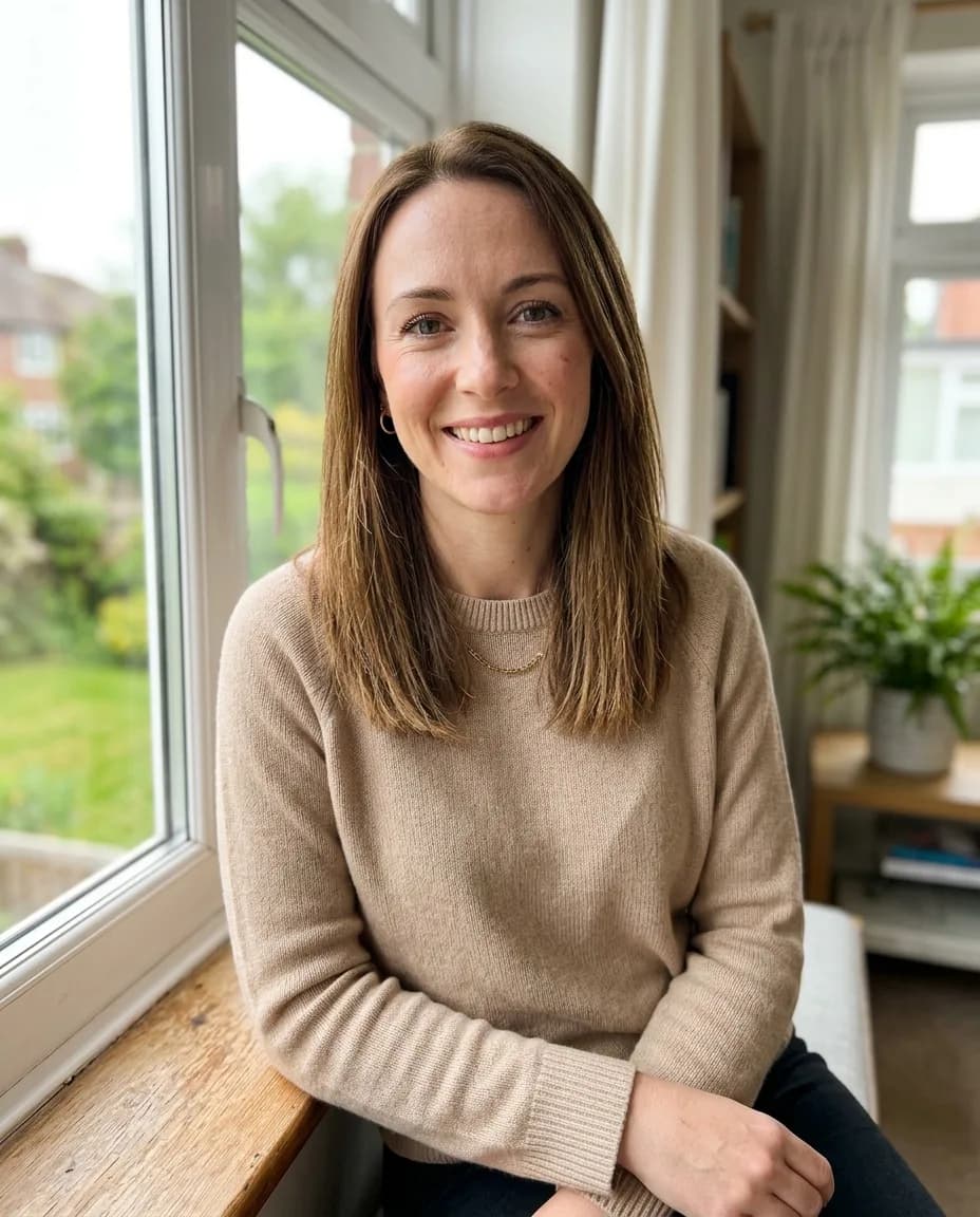 Woman with chestnut hair in a beige sweater by a window