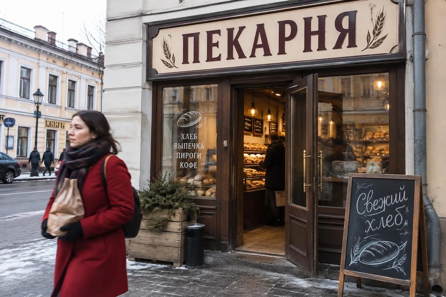 A street-corner bakery with a Russian sign, Russian lettering on the window and a chalkboard reading Fresh bread in Russian