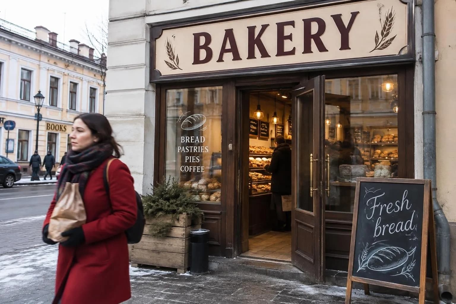 The same bakery with the sign reading BAKERY, BREAD PASTRIES PIES COFFEE on the window and Fresh bread on the chalkboard
