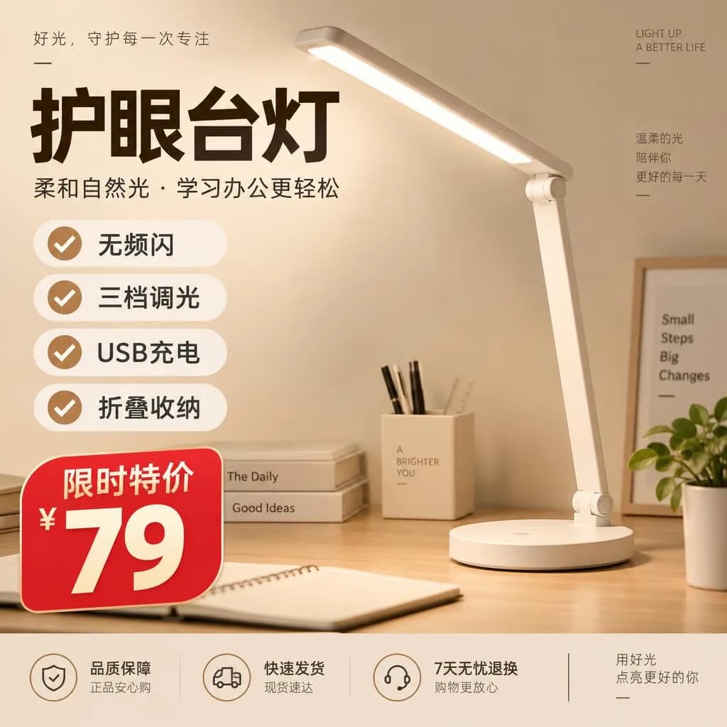 A product image of a white desk lamp on a wooden desk, Chinese text, a red price badge reading ¥79