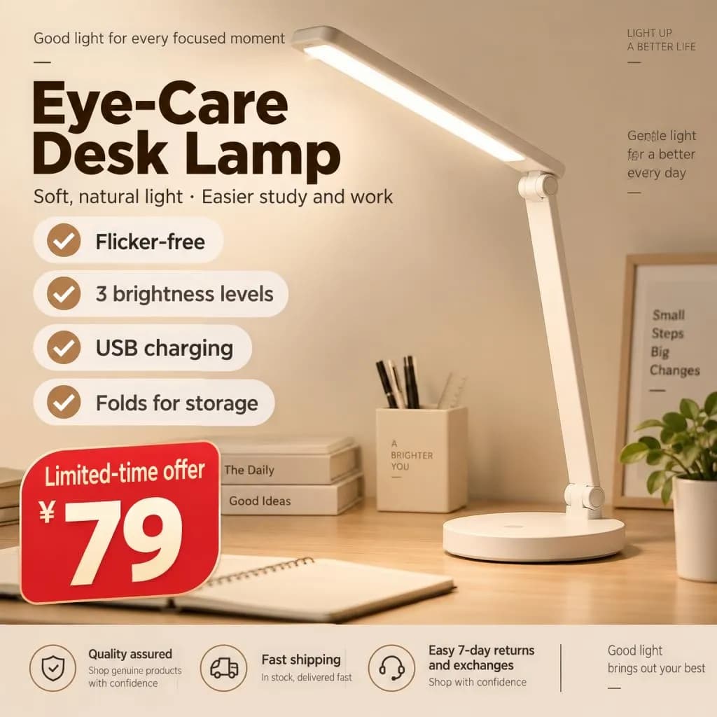The same image in English: Eye-Care Desk Lamp, Flicker-free, 3 brightness levels, USB charging, Folds for storage, Limited-time offer ¥79