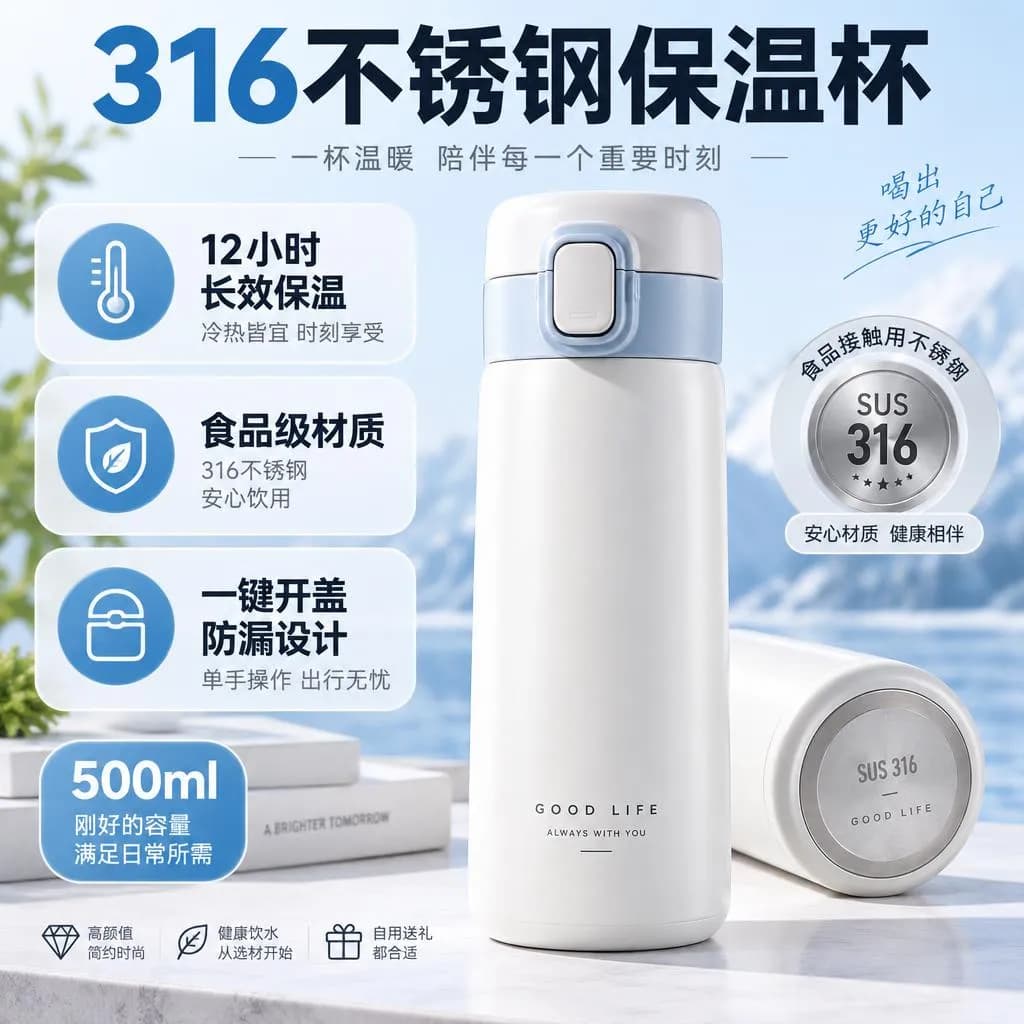 An infographic for a white insulated bottle against a mountain lake, all text in Chinese