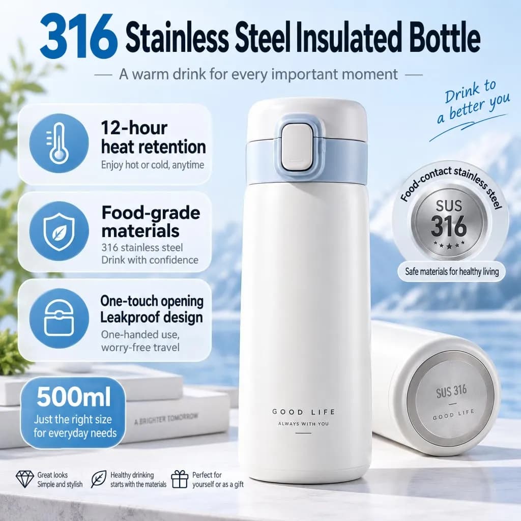 The same infographic in English: 316 Stainless Steel Insulated Bottle, 12-hour heat retention, Food-grade materials, One-touch opening, Leakproof design