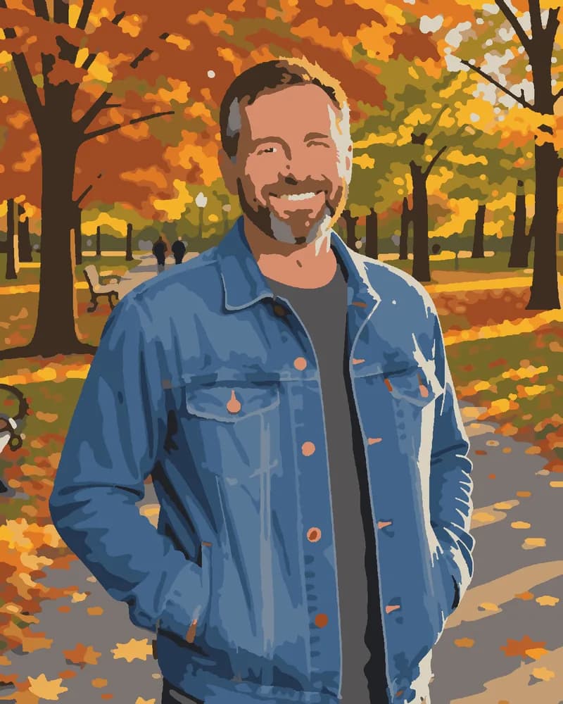 Preview of the finished paint by numbers canvas: the man in the park made of flat color areas