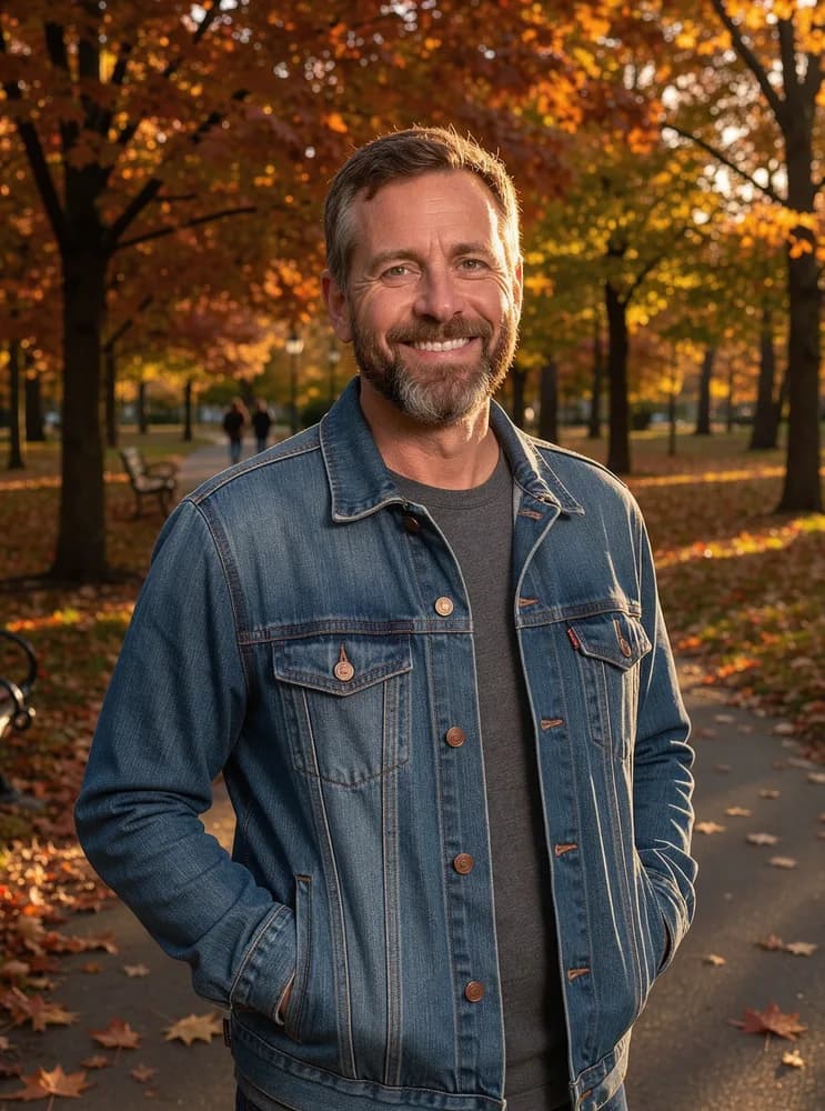 Smiling bearded man in a denim jacket standing in a park full of orange autumn trees