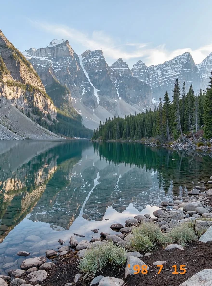 A mountain lake with reflections and an orange camera date stamp in the bottom right corner