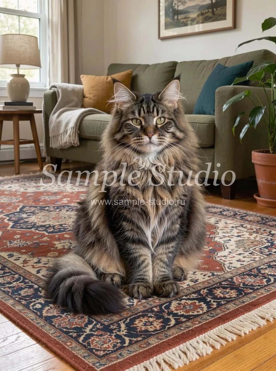 A fluffy tabby cat on a rug in a living room with a semi-transparent Sample Studio logo and web address across the middle