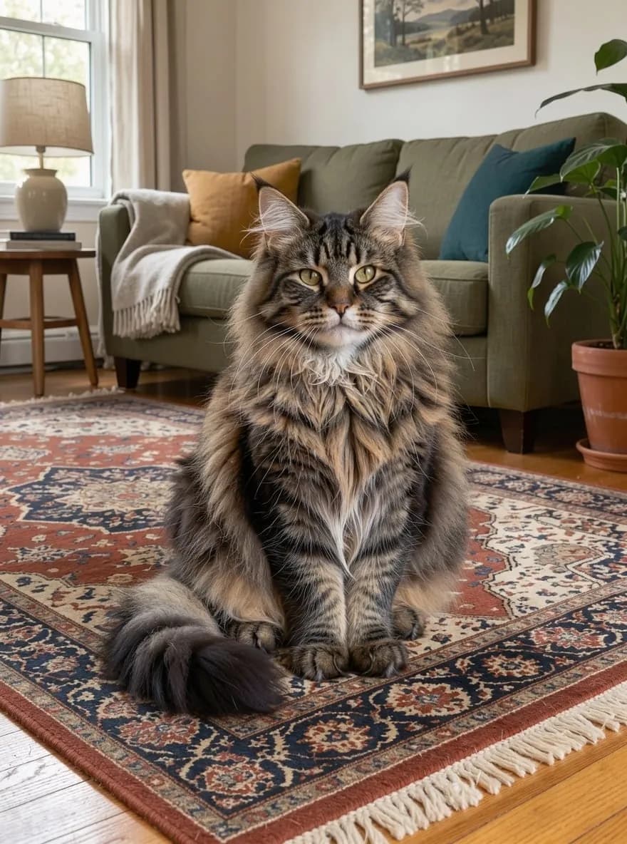 The same cat without the logo; the fur and the rug pattern are restored