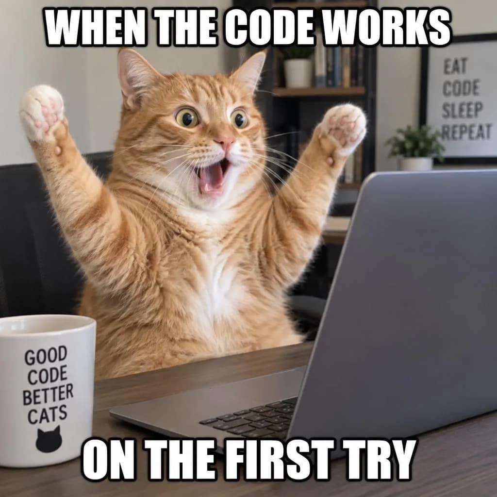 A ginger cat at a laptop with its paws up, meme text WHEN THE CODE WORKS / ON THE FIRST TRY at the top and bottom